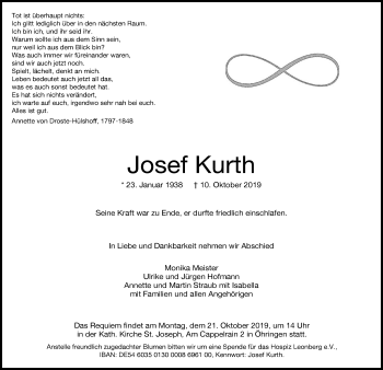 Traueranzeige von Josef Kurth 