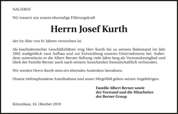 Traueranzeige von Josef Kurth 