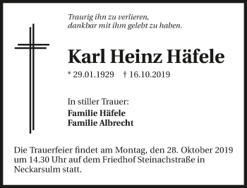 Traueranzeige von Karl Heinz Häfele 