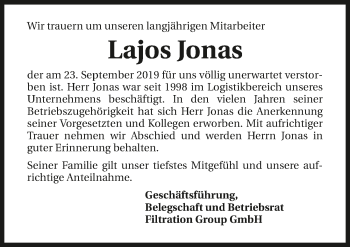 Traueranzeige von Lajos Jonas 