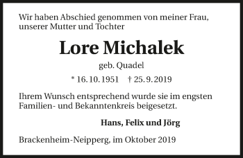 Traueranzeige von Lore Michalek 