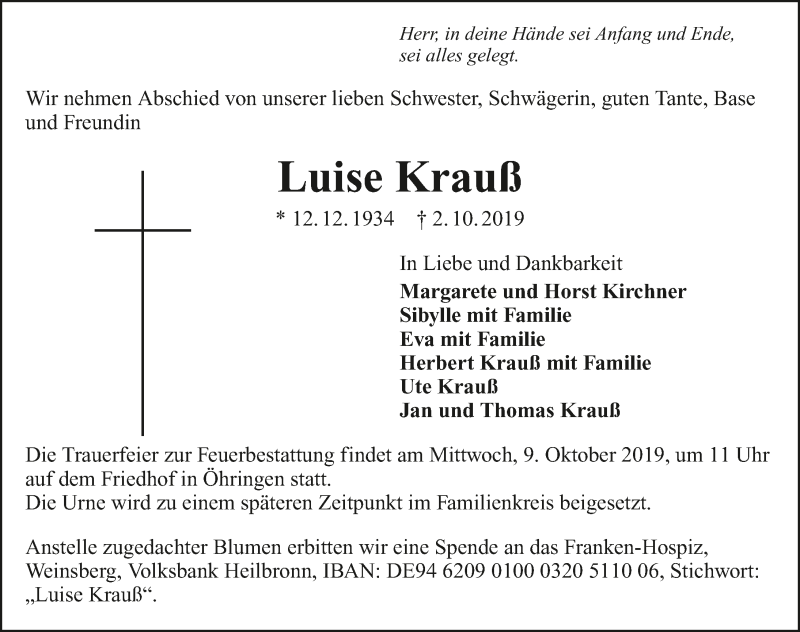  Traueranzeige für Luise Krauss vom 05.10.2019 aus 