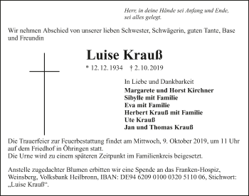 Traueranzeige von Luise Krauss 