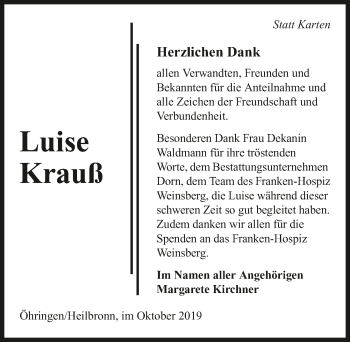 Traueranzeige von Luise Krauss 