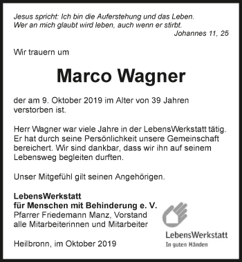 Traueranzeige von Marco Wagner 