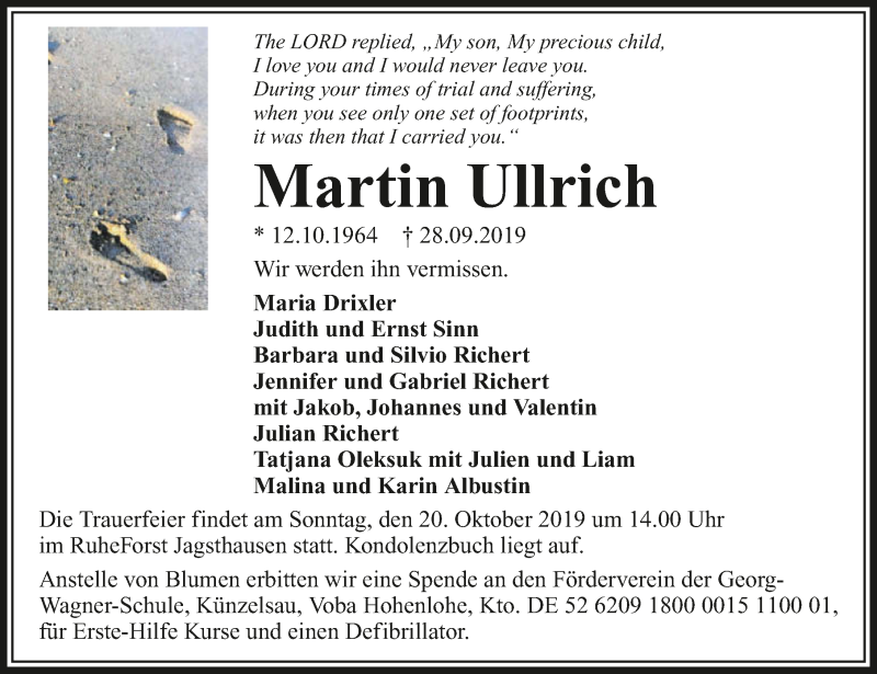  Traueranzeige für Martin Ullrich vom 12.10.2019 aus 