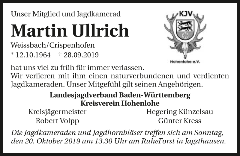  Traueranzeige für Martin Ullrich vom 14.10.2019 aus 