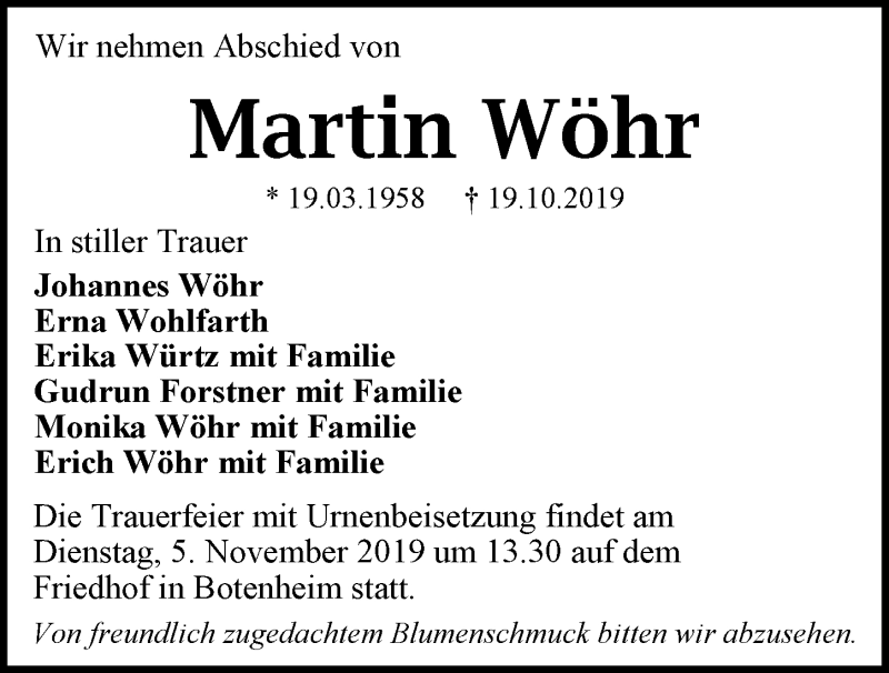  Traueranzeige für Martin Wöhr vom 31.10.2019 aus 