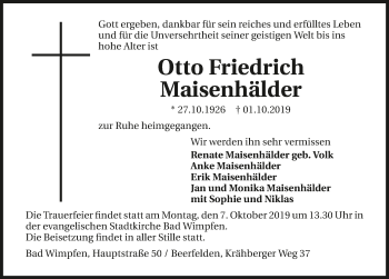 Traueranzeige von Otto Friedrich Maisenhälder 