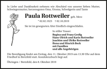 Traueranzeige von Paula Rottweiler 