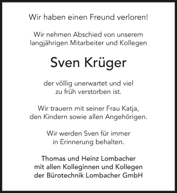 Traueranzeige von Sven Krüger 