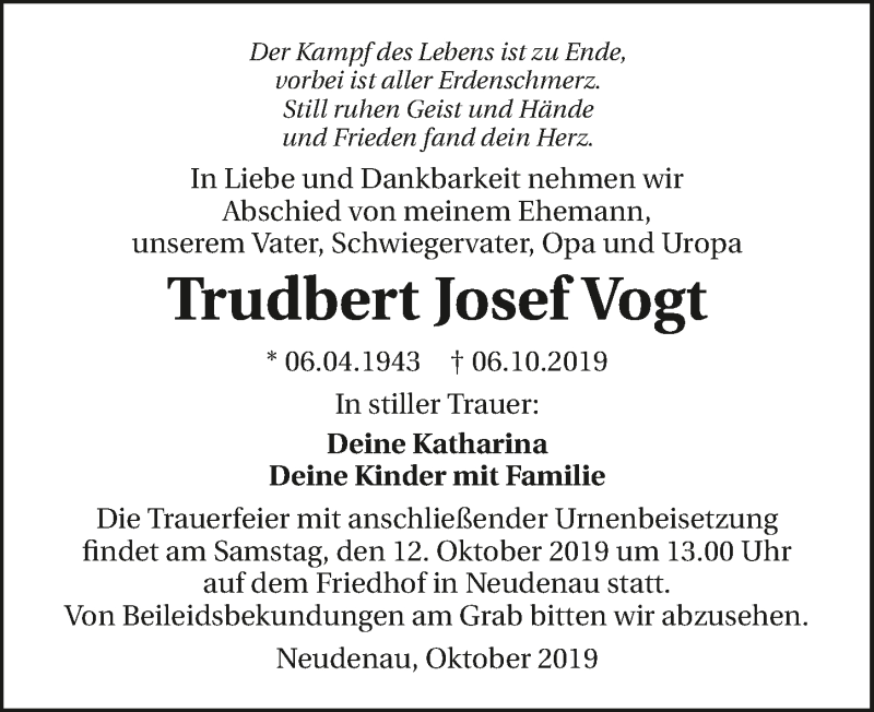  Traueranzeige für Trudbert Josef Vogt vom 09.10.2019 aus 