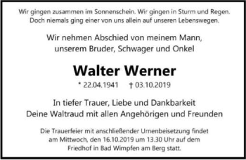 Traueranzeige von Walter Werner 