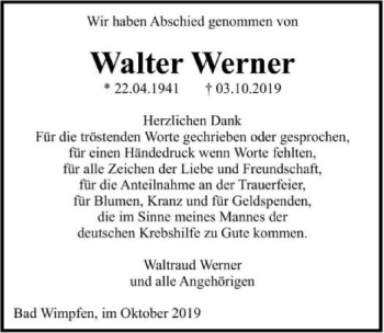Traueranzeige von Walter Werner 