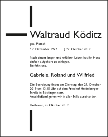 Traueranzeige von Waltraud Köditz 