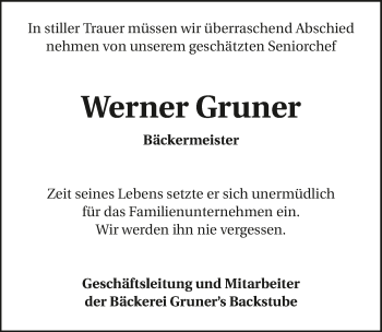 Traueranzeige von Werner Gruner 