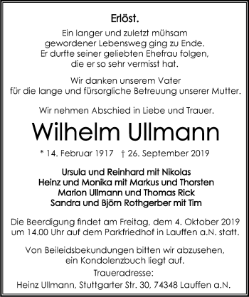 Traueranzeige von Wilhelm Ullmann 