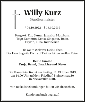 Traueranzeige von Willi Kurz 