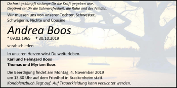 Traueranzeige von Andrea Boos 