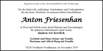 Traueranzeige von Anton Friesenhan 