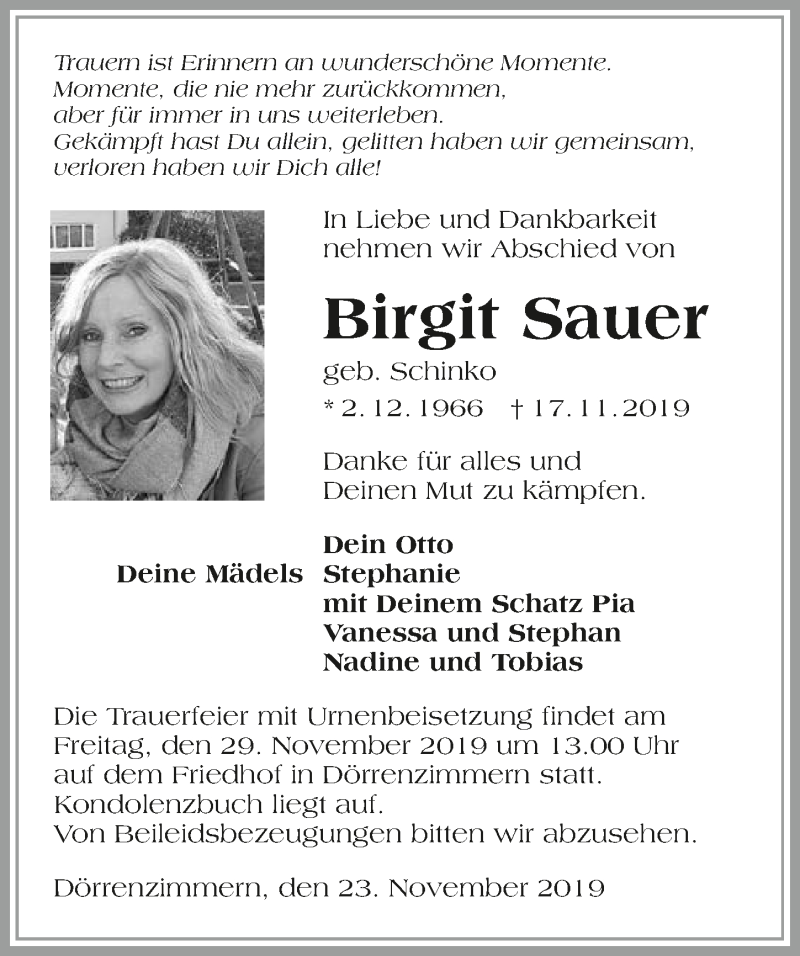  Traueranzeige für Birgit Sauer vom 23.11.2019 aus 