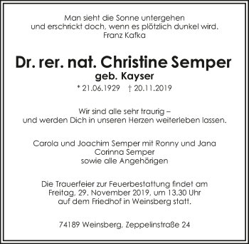 Traueranzeige von Christine Semper 