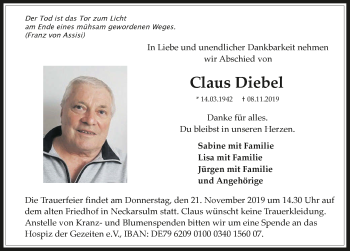 Traueranzeige von Claus Diebel 