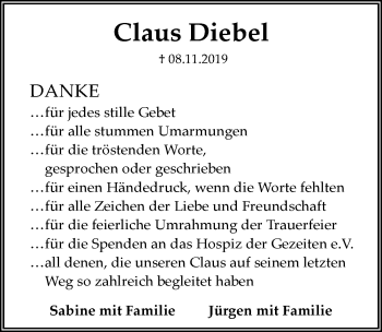 Traueranzeige von Claus Diebel 