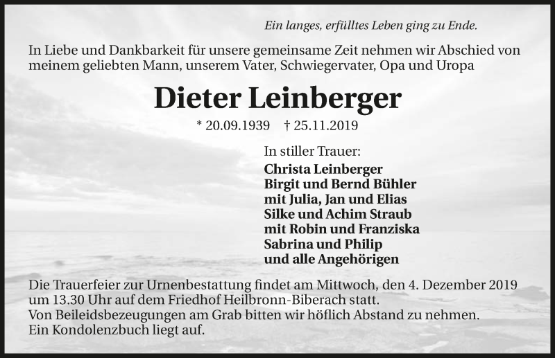  Traueranzeige für Dieter Leinberger vom 30.11.2019 aus 