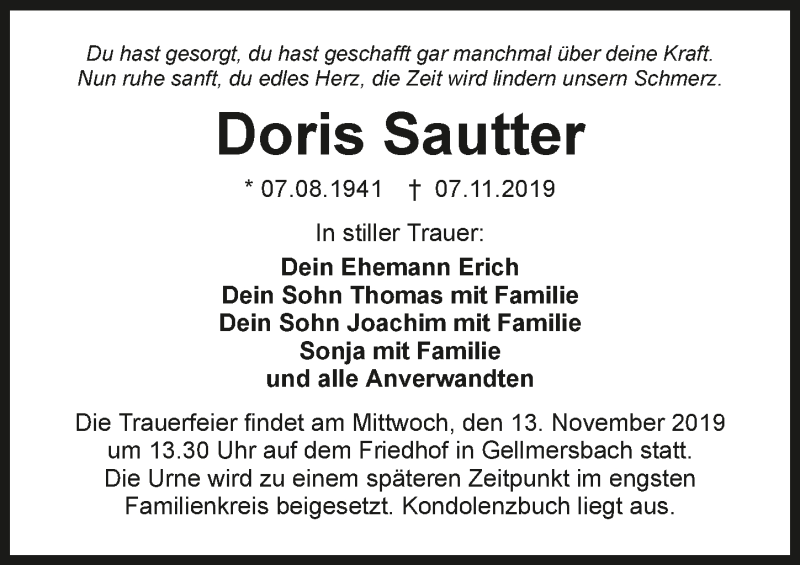  Traueranzeige für Doris Sautter vom 11.11.2019 aus 