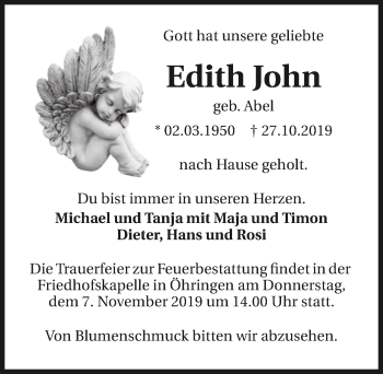 Traueranzeige von Edith John 