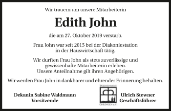 Traueranzeige von Edith John 