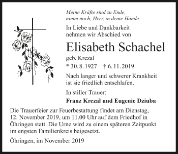 Traueranzeige von Elisabeth Schachel 