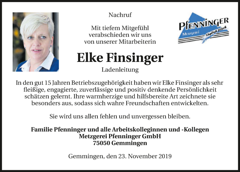  Traueranzeige für Elke Finsinger vom 23.11.2019 aus 