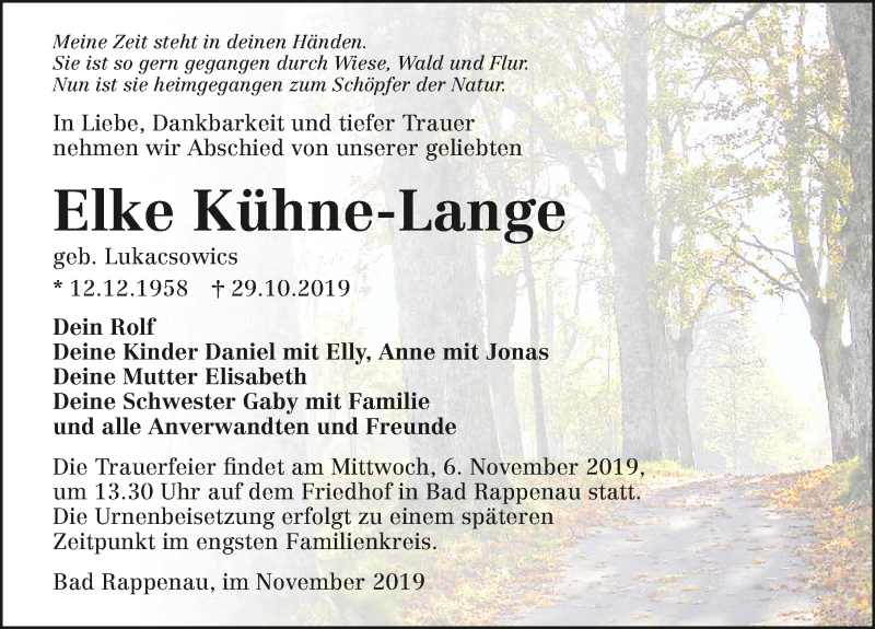  Traueranzeige für Elke Kühne-Lange vom 02.11.2019 aus 