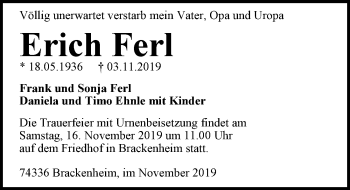 Traueranzeige von Erich Ferl 