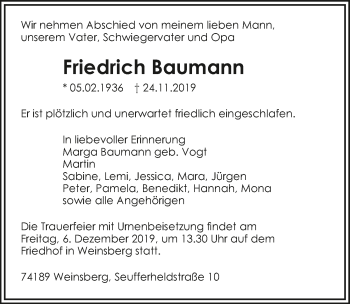 Traueranzeige von Friedrich Baumann 