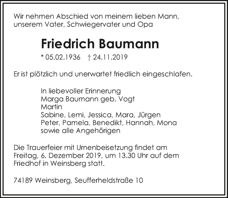  Traueranzeige für Friedrich Baumann vom 30.11.2019 aus 