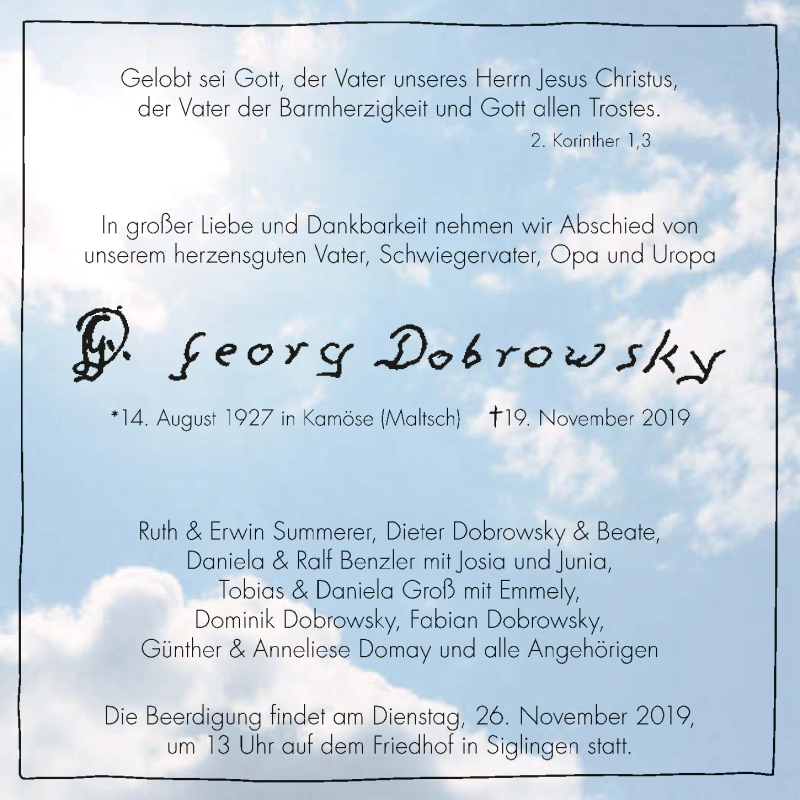  Traueranzeige für Georg Dobrowsky vom 23.11.2019 aus 