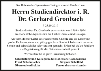 Traueranzeige von Gerhard Gronbach 