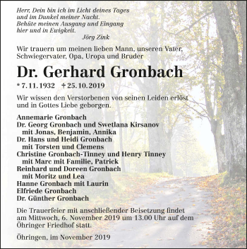 Traueranzeige von Gerhard Gronbach 