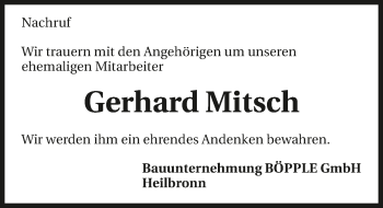 Traueranzeige von Gerhard Mitsch 