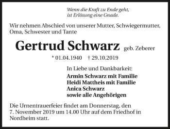 Traueranzeige von Gertrud Schwarz 