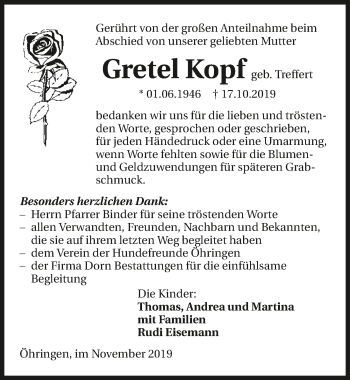 Traueranzeige von Gretel Kopf 