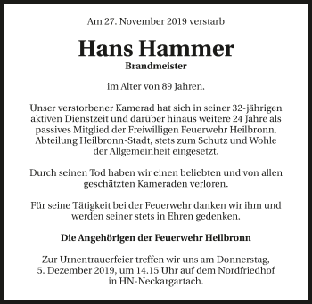 Traueranzeige von Hans Hammer 