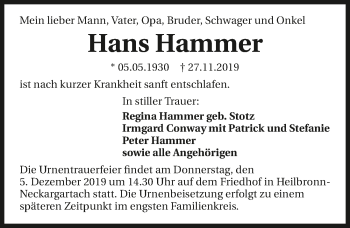 Traueranzeige von Hans Hammer 