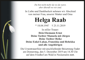 Traueranzeige von Helga Raab 