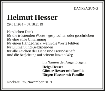 Traueranzeige von Helmut Hesser 