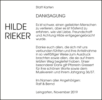 Traueranzeige von Hilde Rieker 