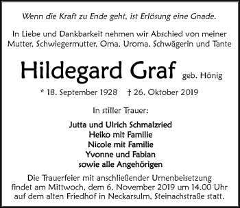 Traueranzeige von Hildegard Graf 